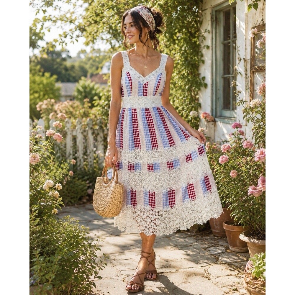 Adelyn Rae Red Blue Embroidered Floral Stripe Crochet  Midi Boho Dress  M NWT